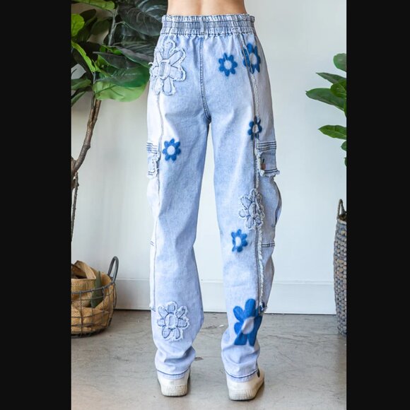 B1093 OLI & HALI Blue Daisy Patchwork Cargo Denim Jeans - Picture 6 of 6
